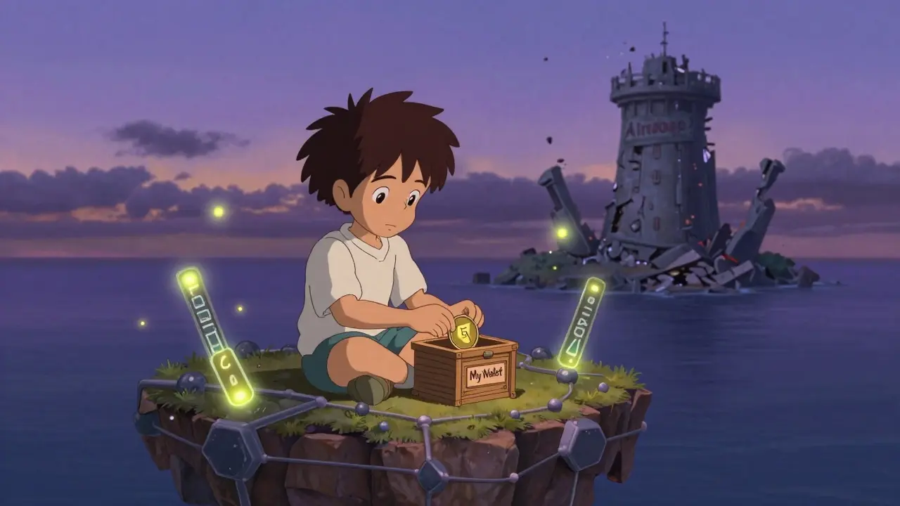 A child places a SCIX token in a wooden box as encrypted data glows around them, a crumbling tower falls in the distance.