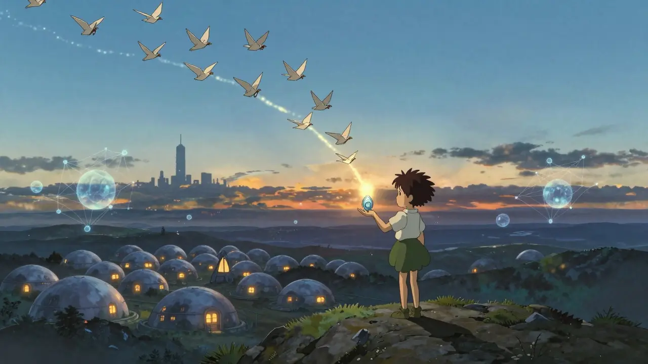 A child releases CRYO tokens that turn into paper cranes flying toward a distant cryo-facility and a futuristic skyline at dawn.