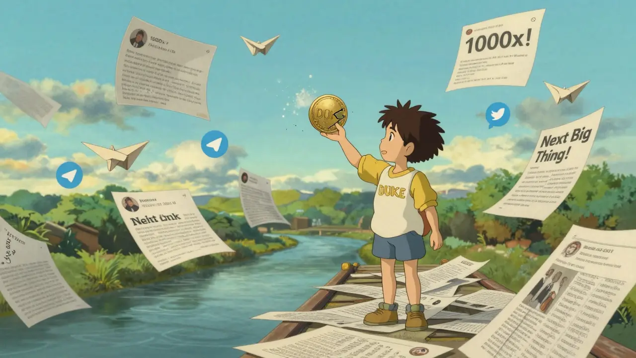 A child watches her DUKE coin turn to dust above a river of zero-volume trades.