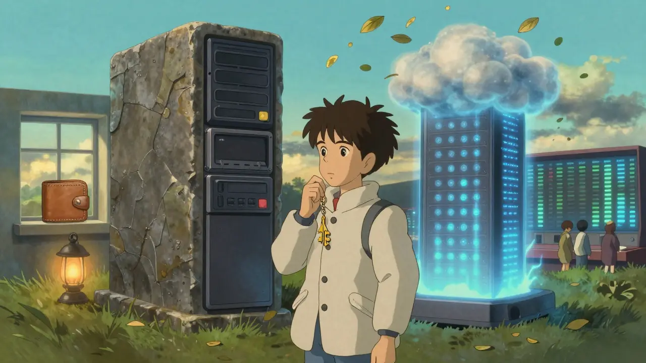 A custodian stands between a physical HSM and a cloud HSM, comparing personal and institutional crypto security.