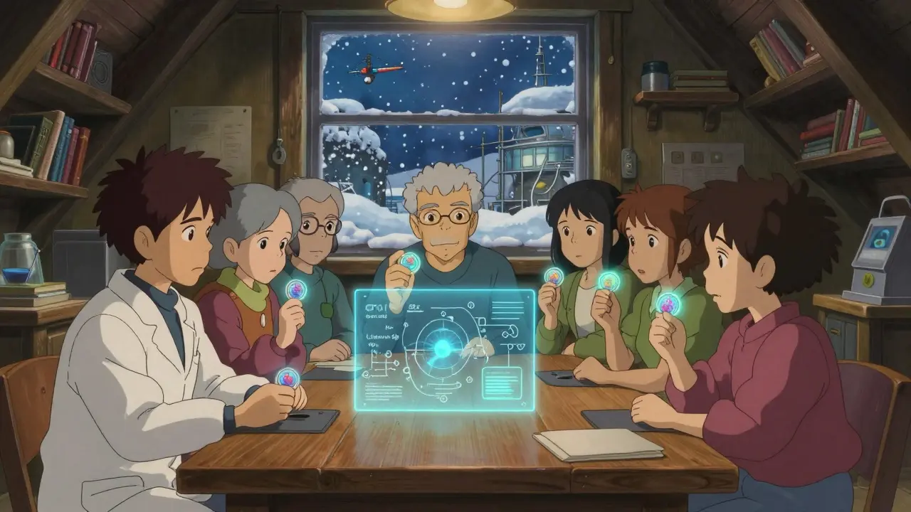 A diverse group of people voting on a holographic research proposal in a cozy attic, with CRYO tokens glowing softly in their hands.