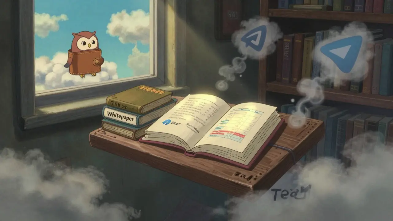A floating library with closed books and one glowing Bitget logo, robot owl watching over a wallet cloud.