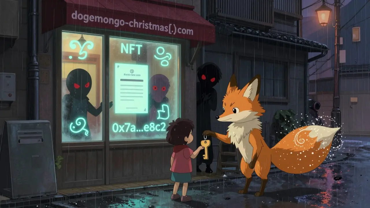 A friendly DogemonGo creature offers a key to a child as fake scam websites loom in the foggy background.