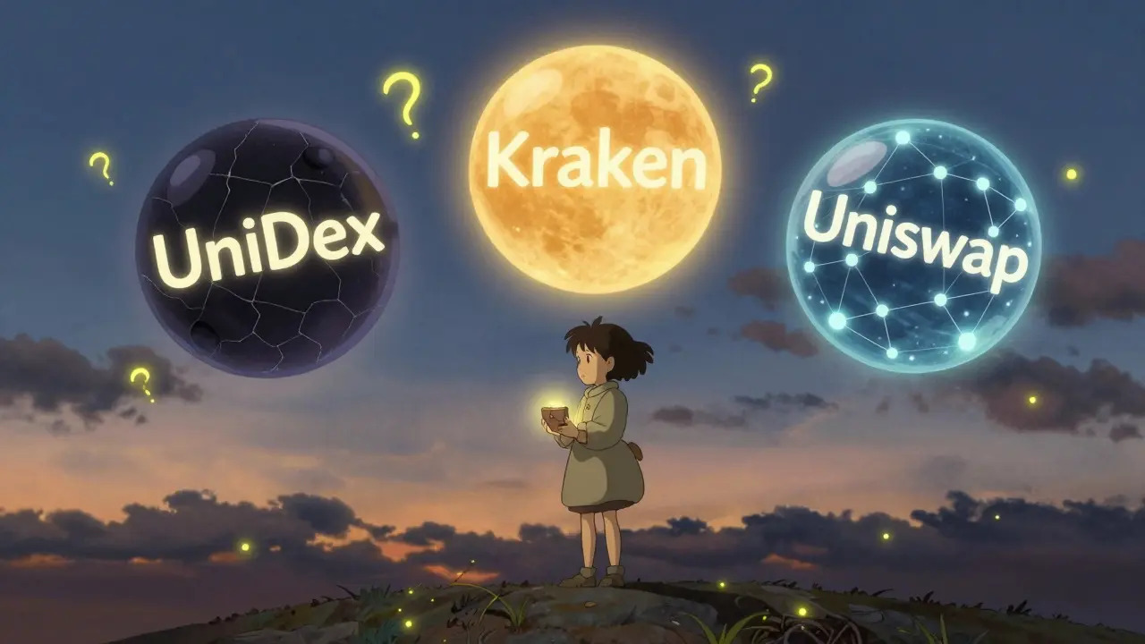 A girl holds a glowing wallet as three floating orbs represent UniDex, Kraken, and Uniswap, with fireflies around the dark orb.