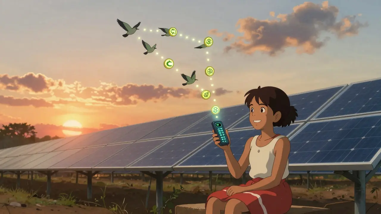 A girl in Kenya watches digital tokens rise as birds from a solar panel, symbolizing community-powered clean finance.