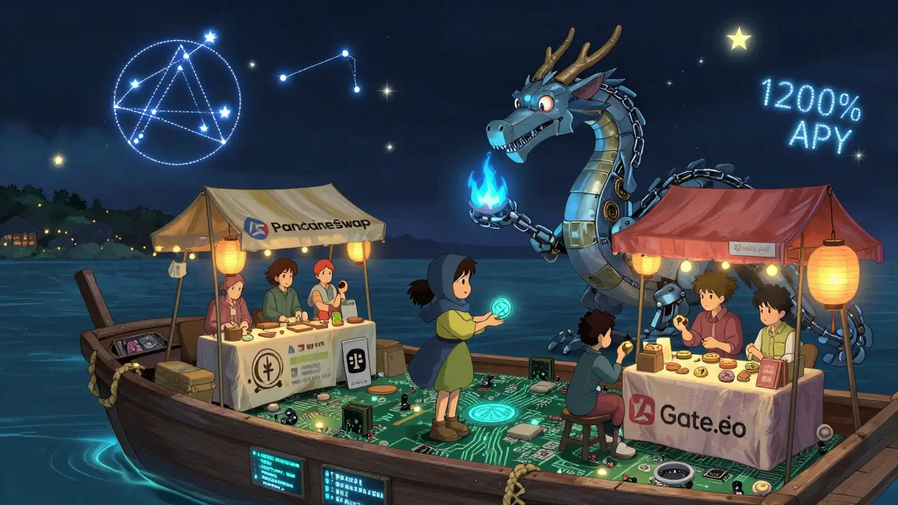 A girl trades BNB for ASTRO at a glowing night market on a floating blockchain barge, surrounded by lantern signs and a code-dragon.