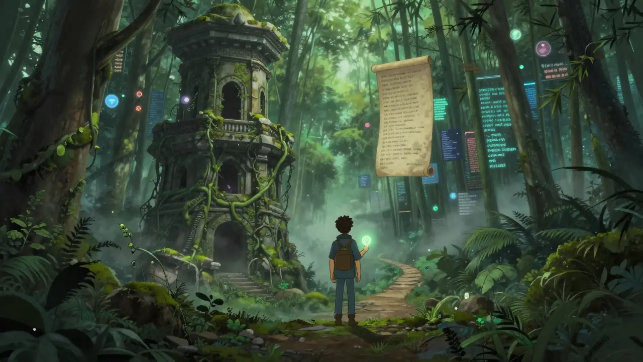 A lone traveler with a BGG token before a ruined exchange tower in a mystical digital forest.