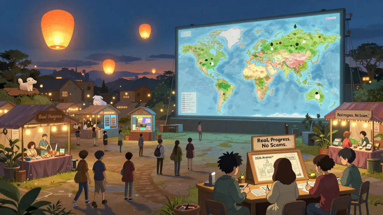 A magical digital marketplace glows under twilight lanterns, with developers reviewing plans labeled 'Not Yet' for a fake airdrop.