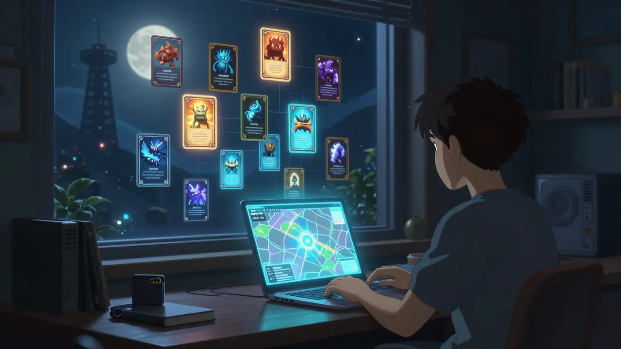 A player in a moonlit room watching holographic NFT monsters level up, with a connected MetaMask wallet visible.
