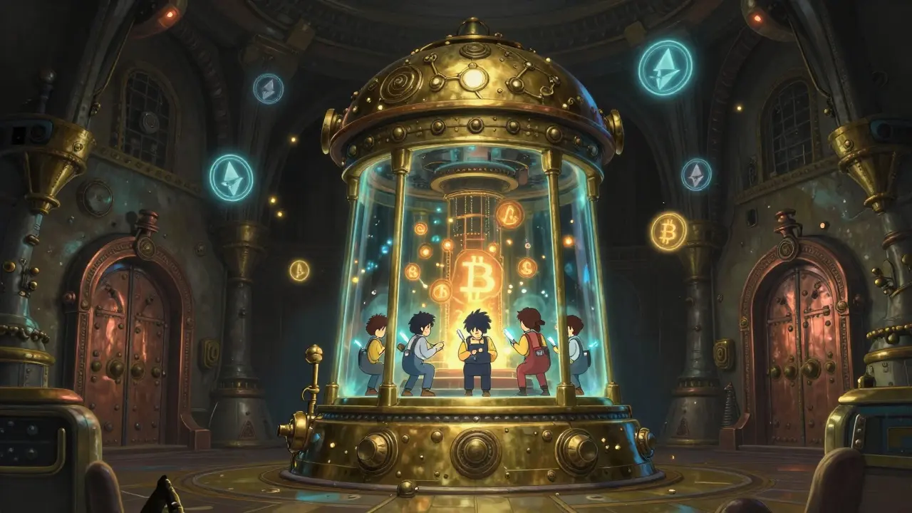 A steampunk HSM with glowing core and tiny spirit workers signing digital transactions.