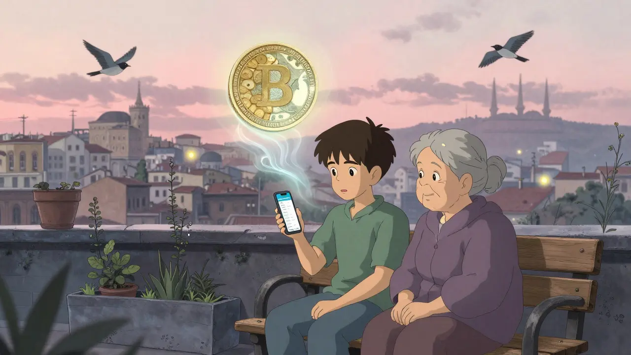 A teen and grandparent sit on a rooftop at dawn, a spirit of trust hovering above a crypto app, a faint BZET token glowing like a firefly.