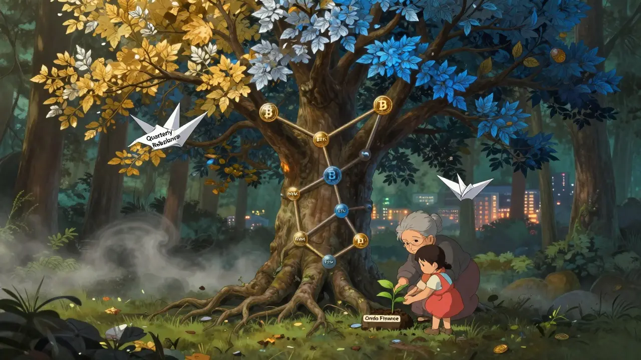 A tree with crypto node roots in a dawn forest, a woman and girl planting a new RWA sapling as a rebalance crane drifts by.