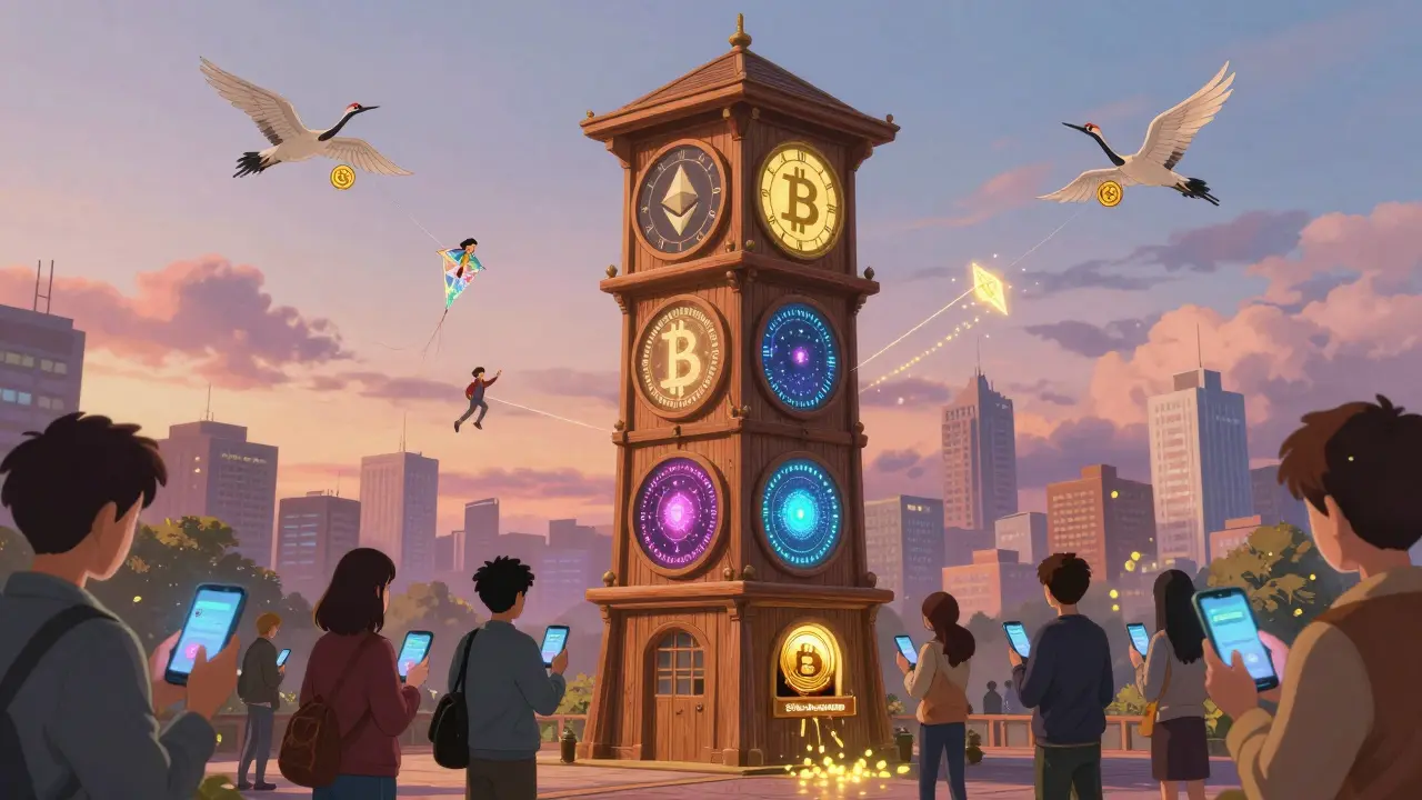 A wooden clocktower with four blockchain faces in a peaceful crypto city, people checking rebalance alerts at twilight.