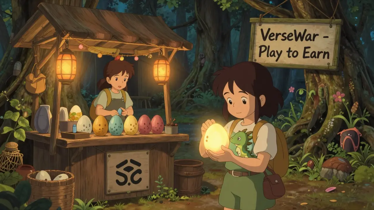 A young girl hatching a monster NFT egg at a cozy marketplace, surrounded by soft lantern light and natural elements.