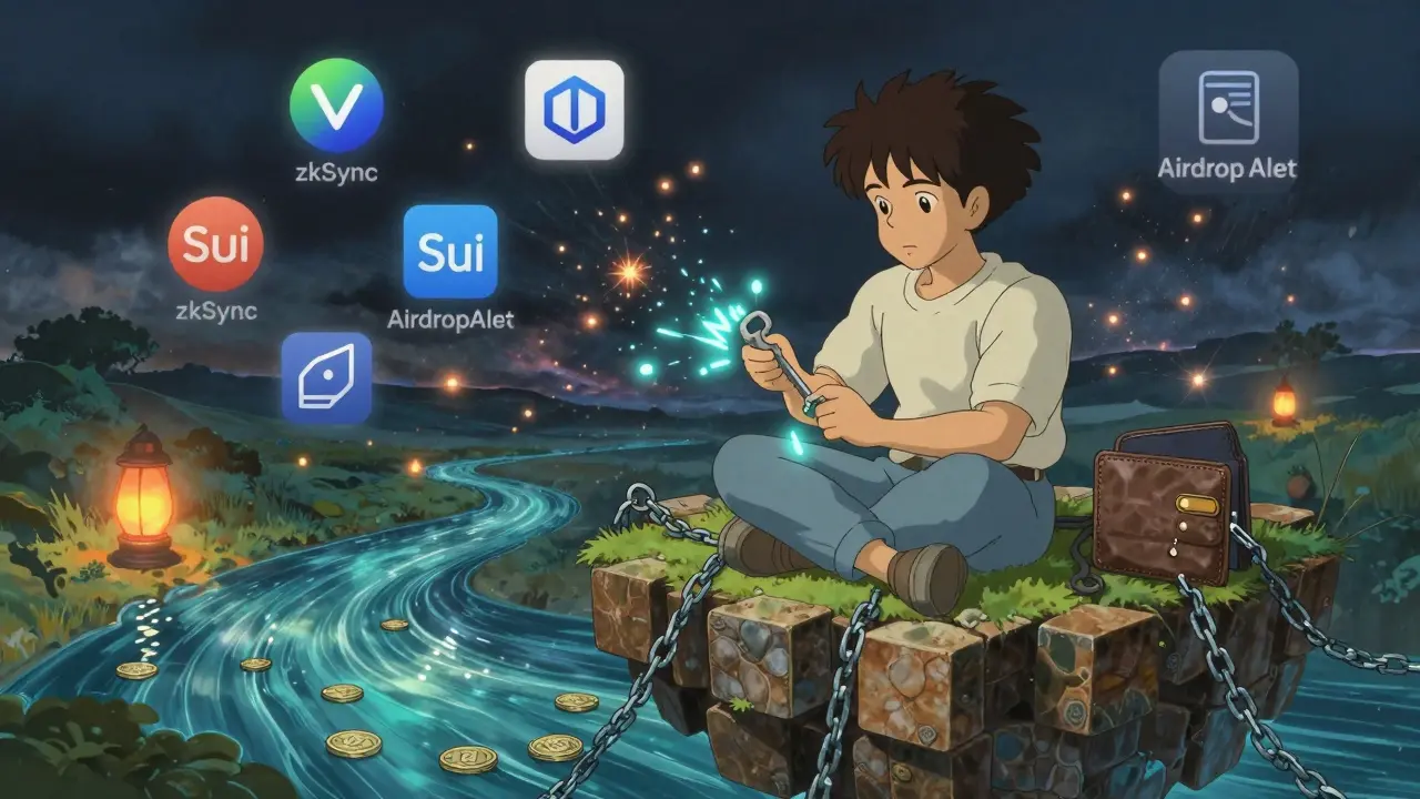 A young person disconnecting corrupted chains from a wallet on a floating blockchain island, while verified project logos glow like lanterns in the distance.