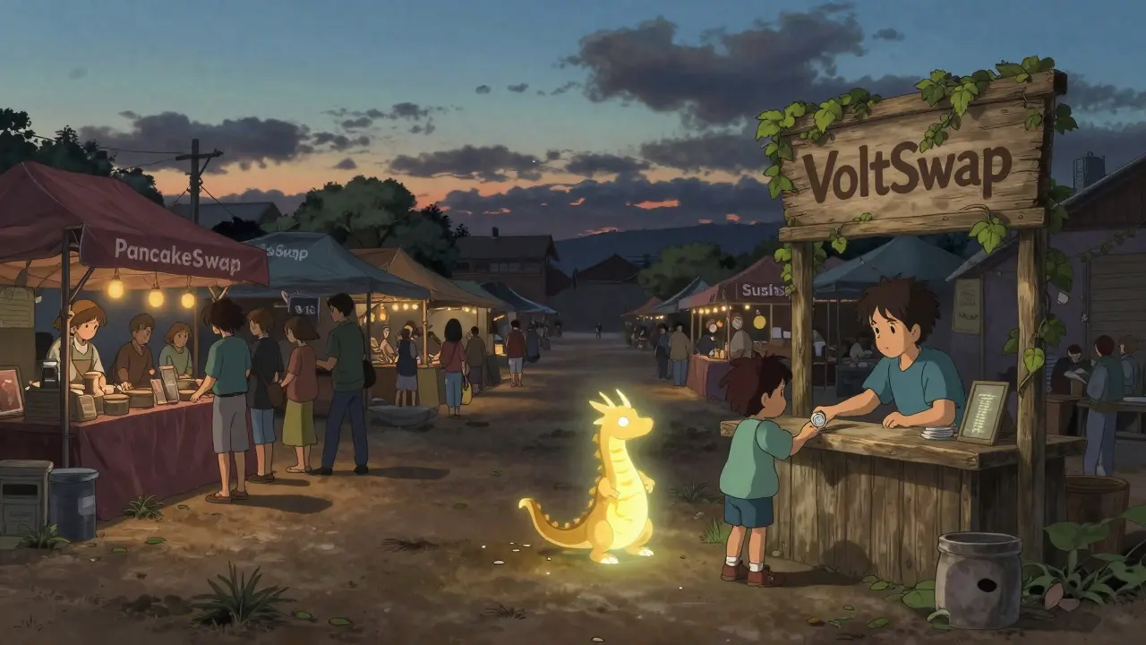 An empty VoltSwap stall in a bustling crypto marketplace, with a small child placing a coin on the counter.