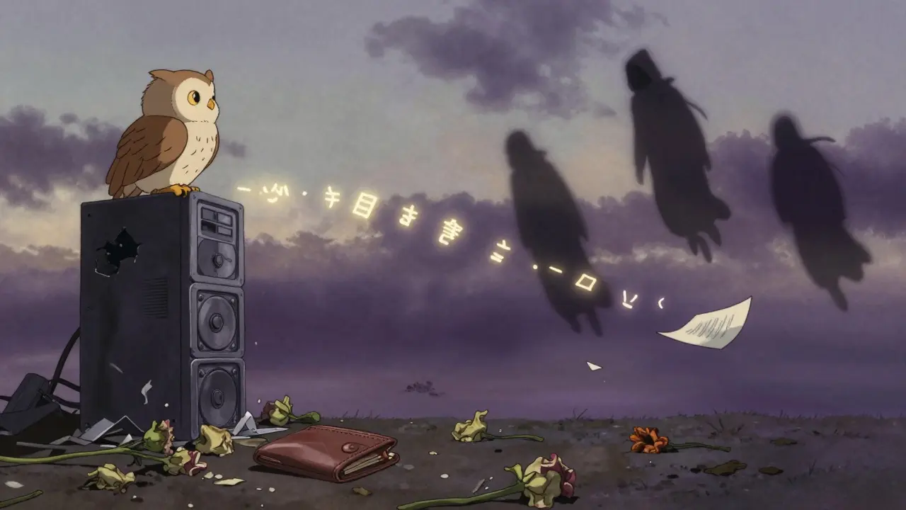 An owl watches shadowy figures vanish, leaving behind a single abandoned wallet.