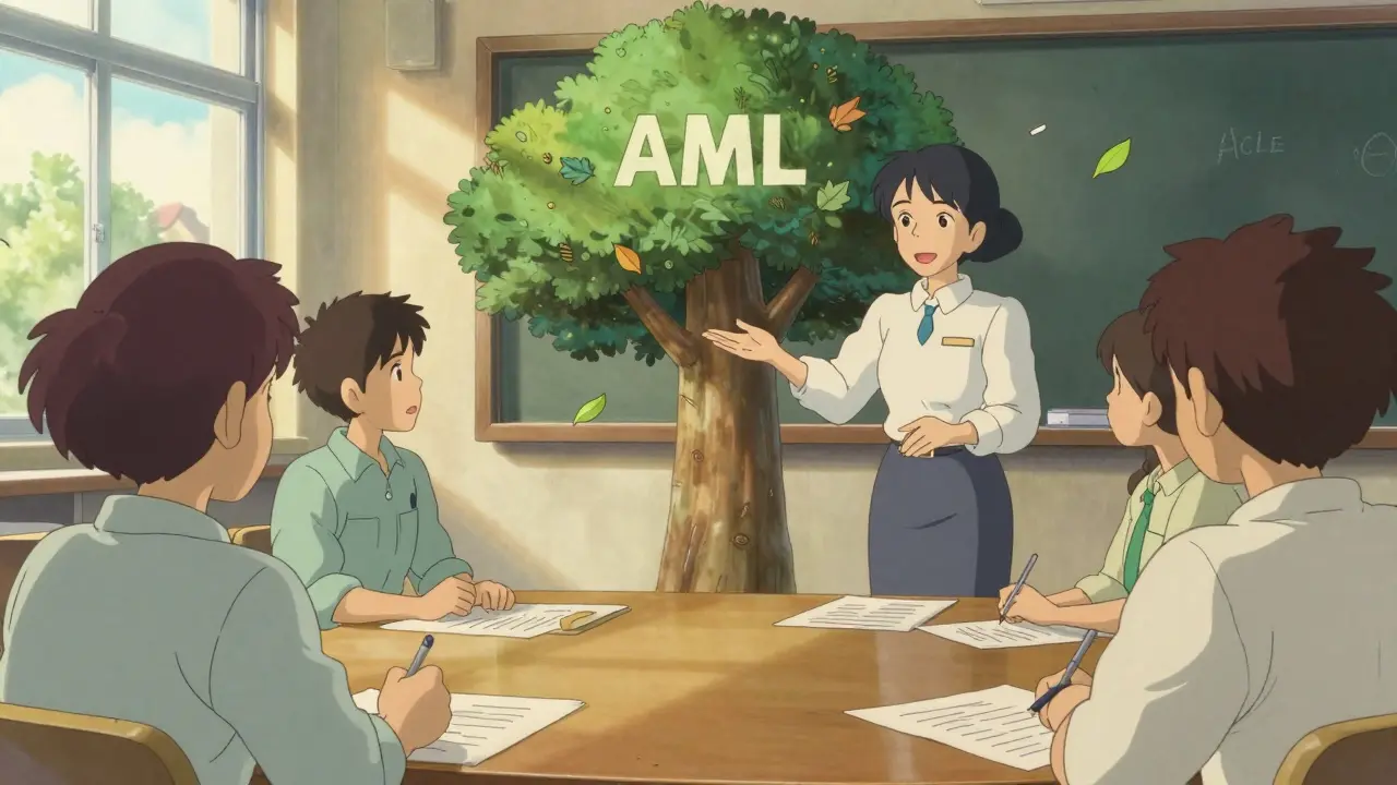 Compliance officer teaching staff using tree-shaped AML visual aid in classroom