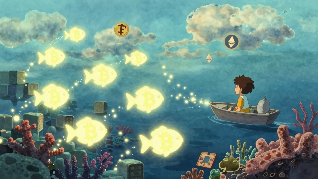 Fish shaped like crypto symbols swim through blockchain coral, with a child watching from a boat under soft skies.