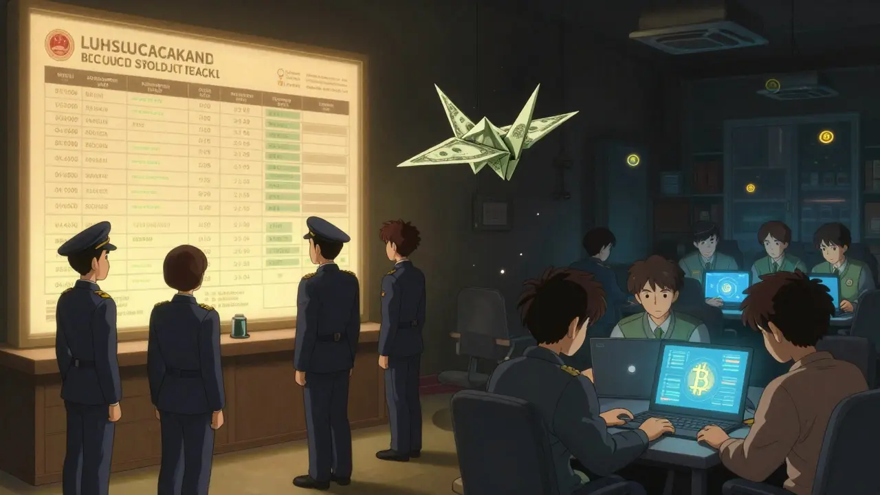 Government blockchain systems glow warmly beside hidden crypto users, with a paper crane floating between them.