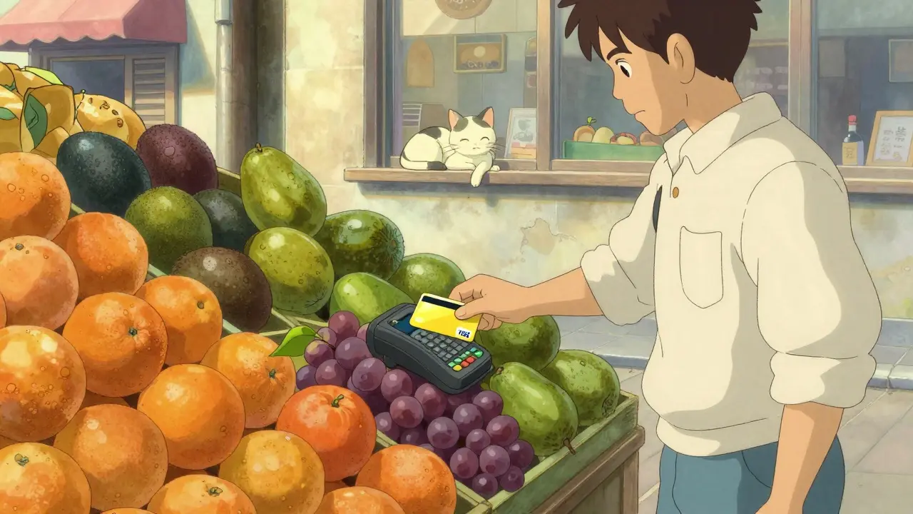 Man using Lemon Visa card to pay for groceries at fruit stand