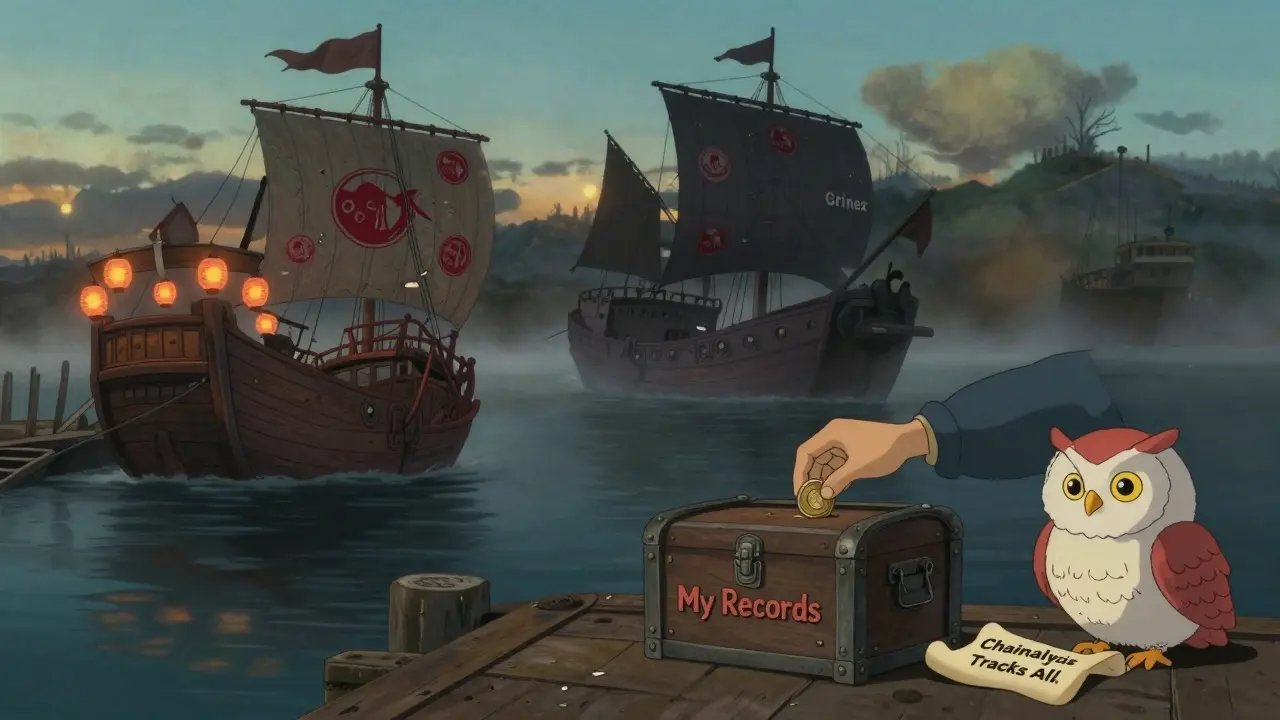 Regulated crypto ships sail peacefully as a sanctioned junk ship drifts into fog, in Studio Ghibli style.