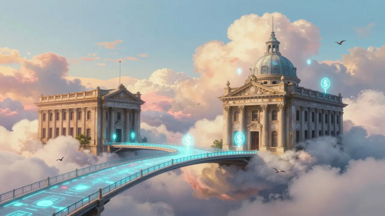 Symbolic bridge between traditional bank and digital crypto clouds at dawn