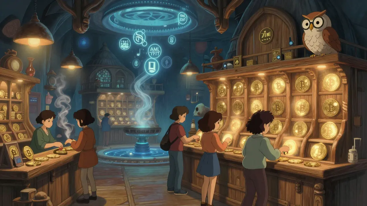 Users in a glowing Turkish bathhouse exchange lira for crypto tokens, with compliance symbols floating in steamy light.