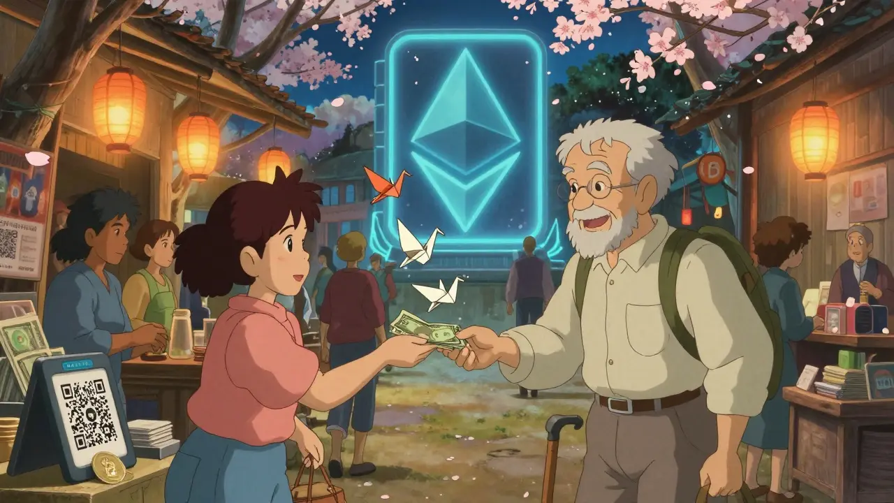 Vendors in El Salvador accept Bitcoin as digital tokens become origami cranes, under glowing lantern light.