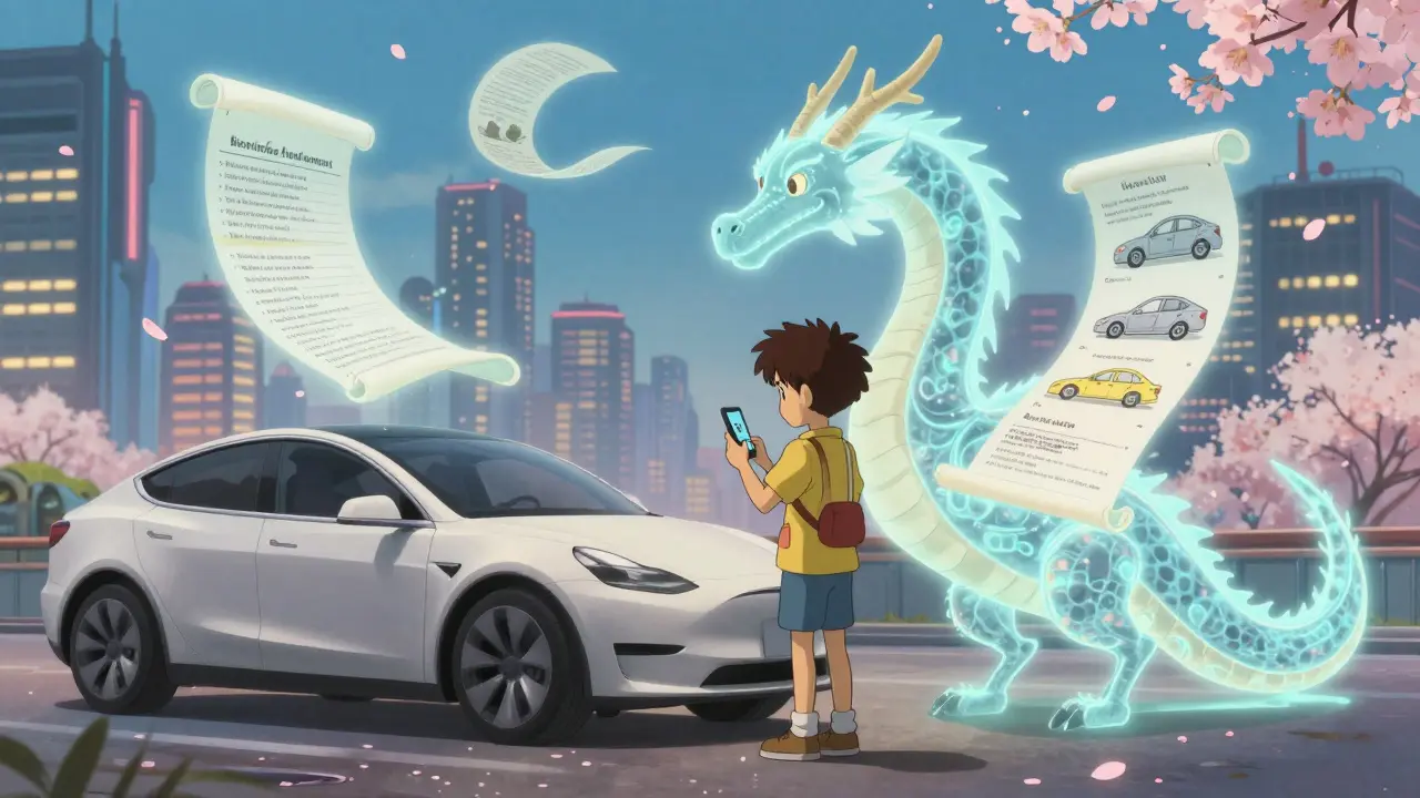 A boy scanning a Tesla as a spectral dragon reveals its full ownership history in glowing scrolls.