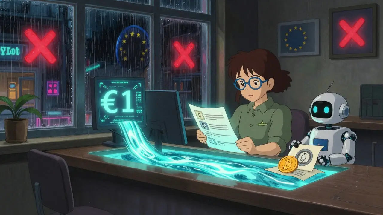 A calm exchange operator reviews digital identity documents as tiny crypto transactions flow like a river indoors.