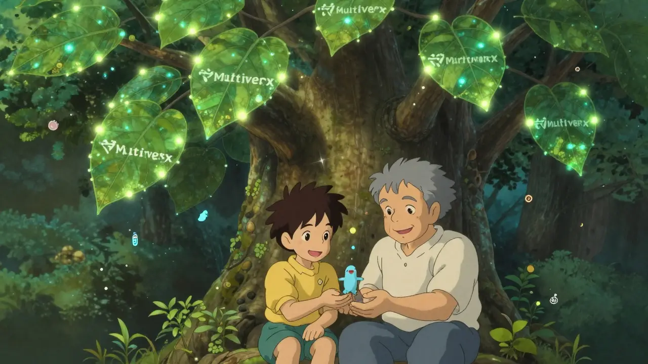 A child and elder receiving tiny token creatures from a tree with blockchain leaves in a serene Studio Ghibli scene.