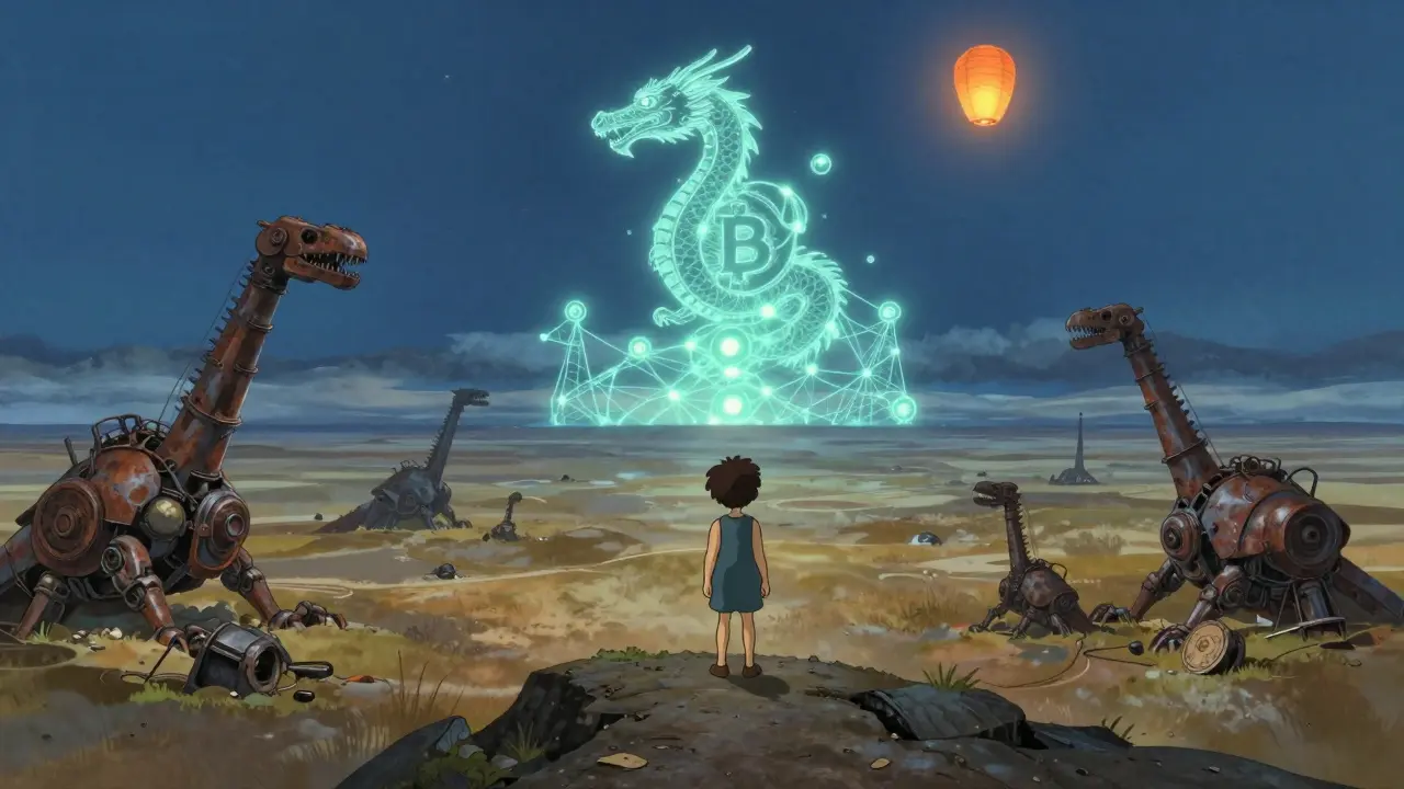 A child overlooking abandoned mining rigs as a glowing blockchain dragon rises in the distance.