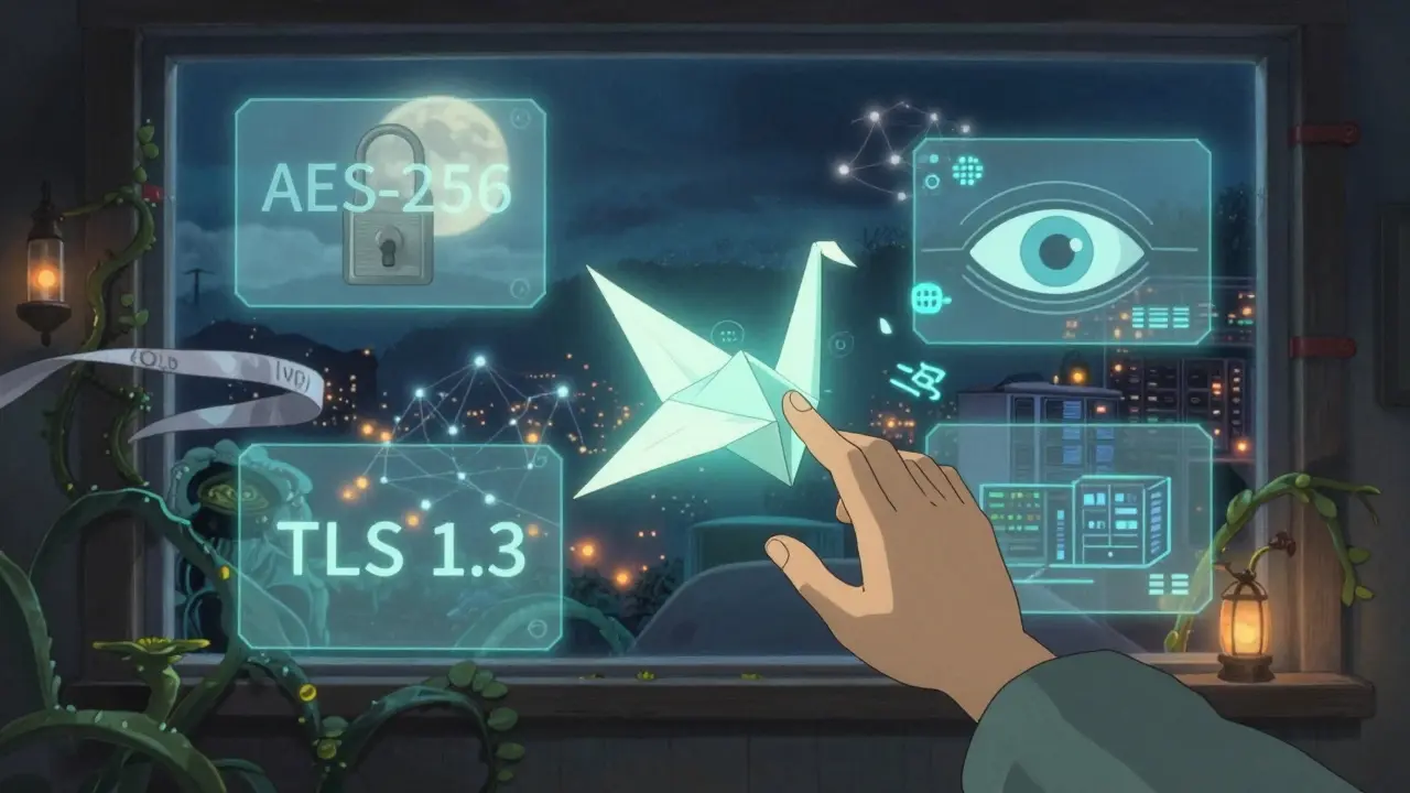 A child reaches toward a spinning origami crane representing zero-knowledge proof, surrounded by floating security symbols.