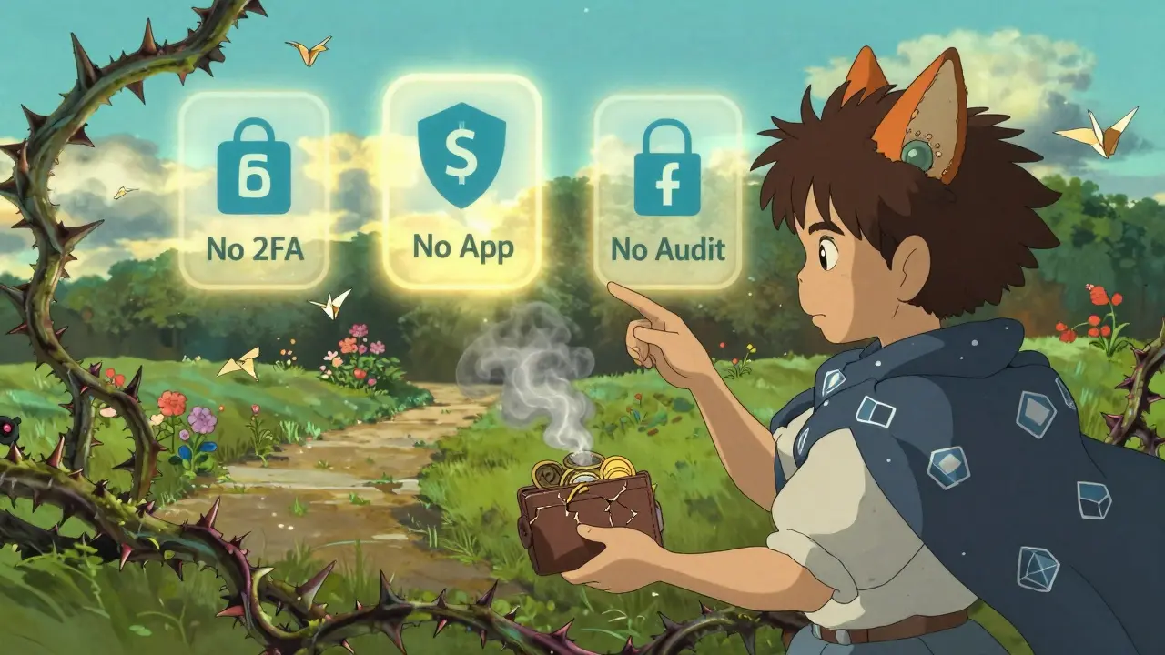 A child watches digital coins turn to ash as a fox spirit guides them toward three secure, radiant crypto platforms.