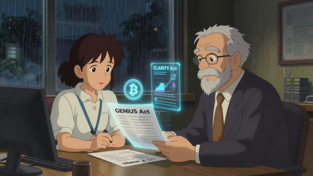 A cozy office with a young engineer and advisor reviewing crypto regulations under warm lamplight.