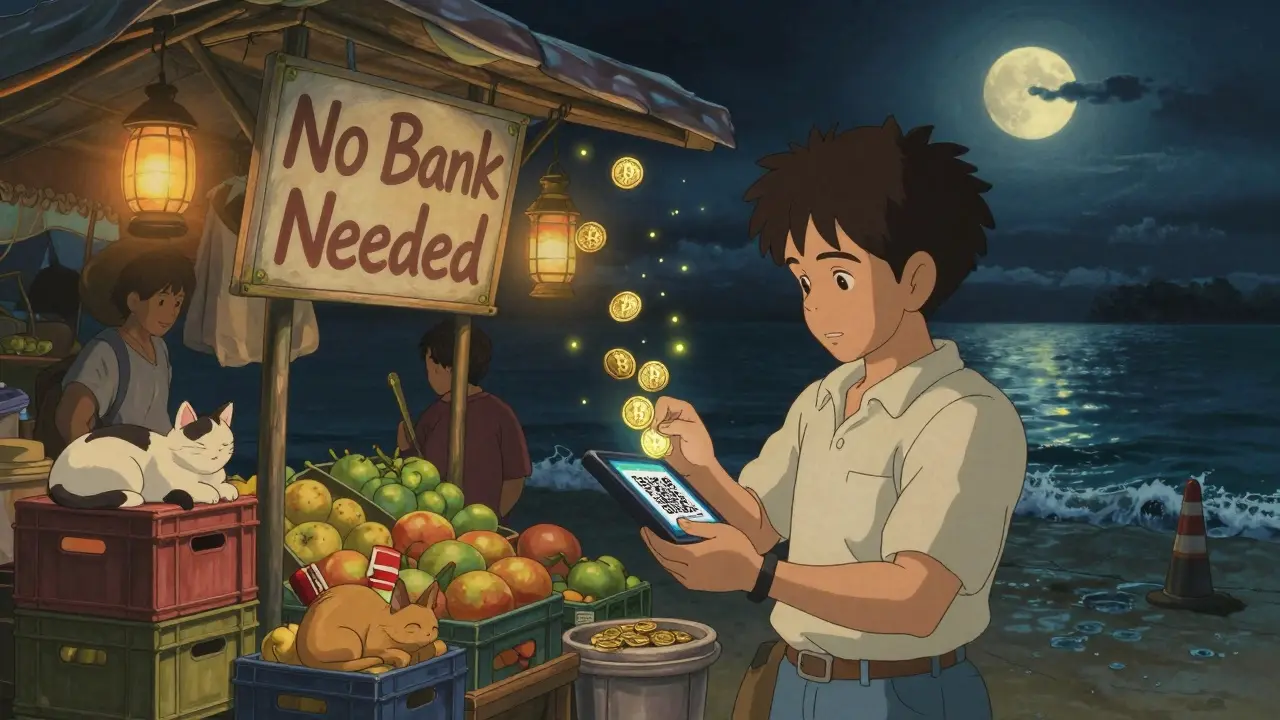 A Filipino street vendor receives crypto payment via QR code as glowing coins float upward in a lantern-lit night market.