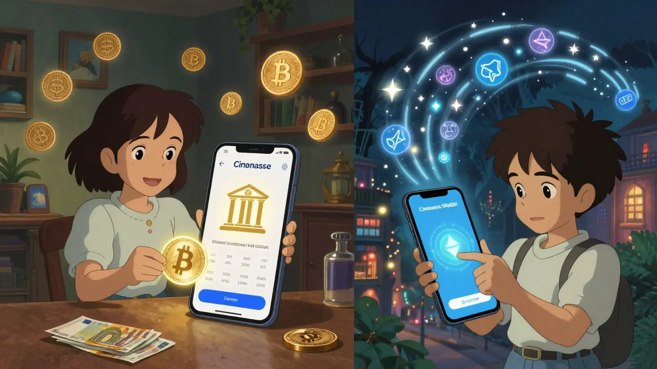 A girl depositing euros into Coinbase App on the left, a boy using Coinbase Wallet with tokens on the right, in soft Ghibli style.