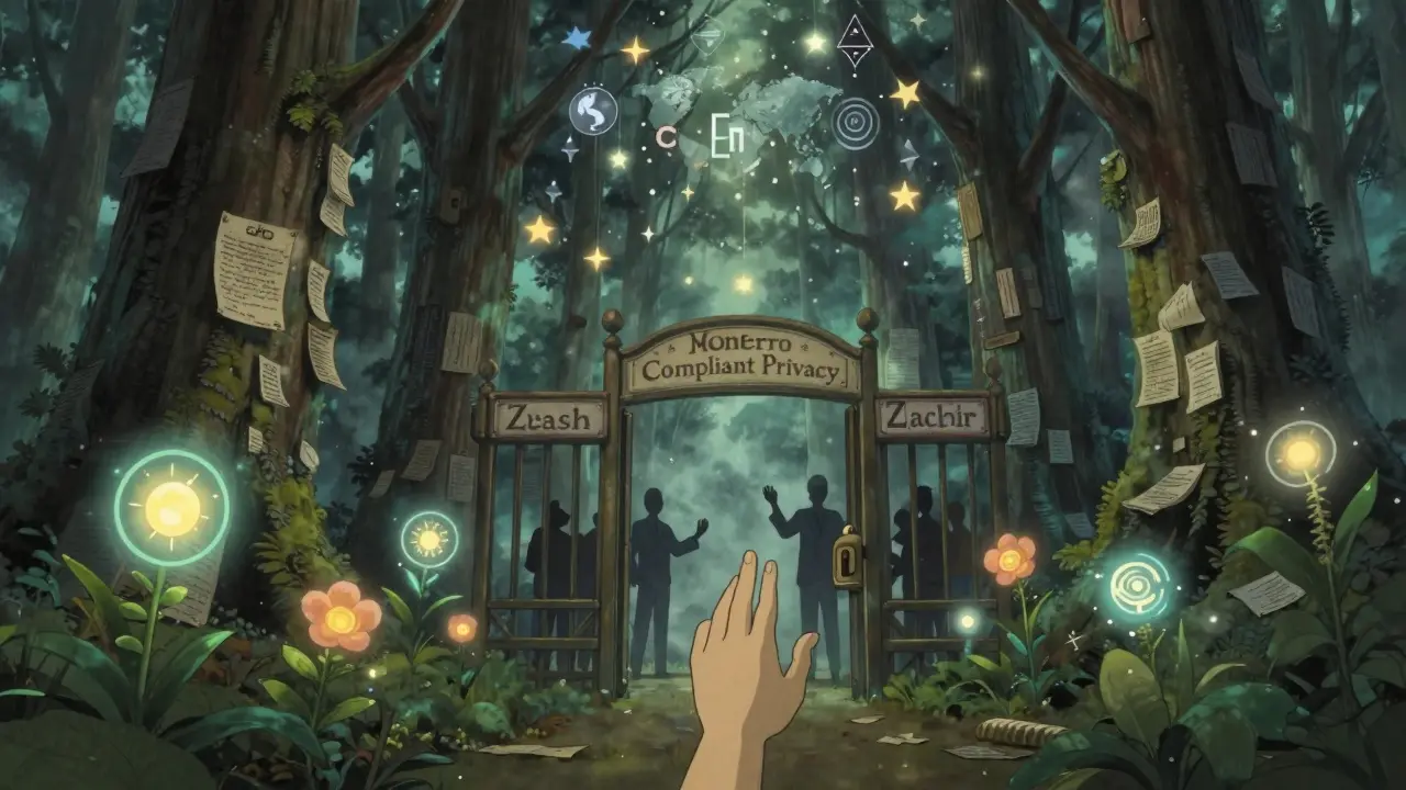 A luminous digital forest of transaction trees fades into mist, with invisible privacy spirits and a locked gate labeled 'Compliant Privacy' in the distance.