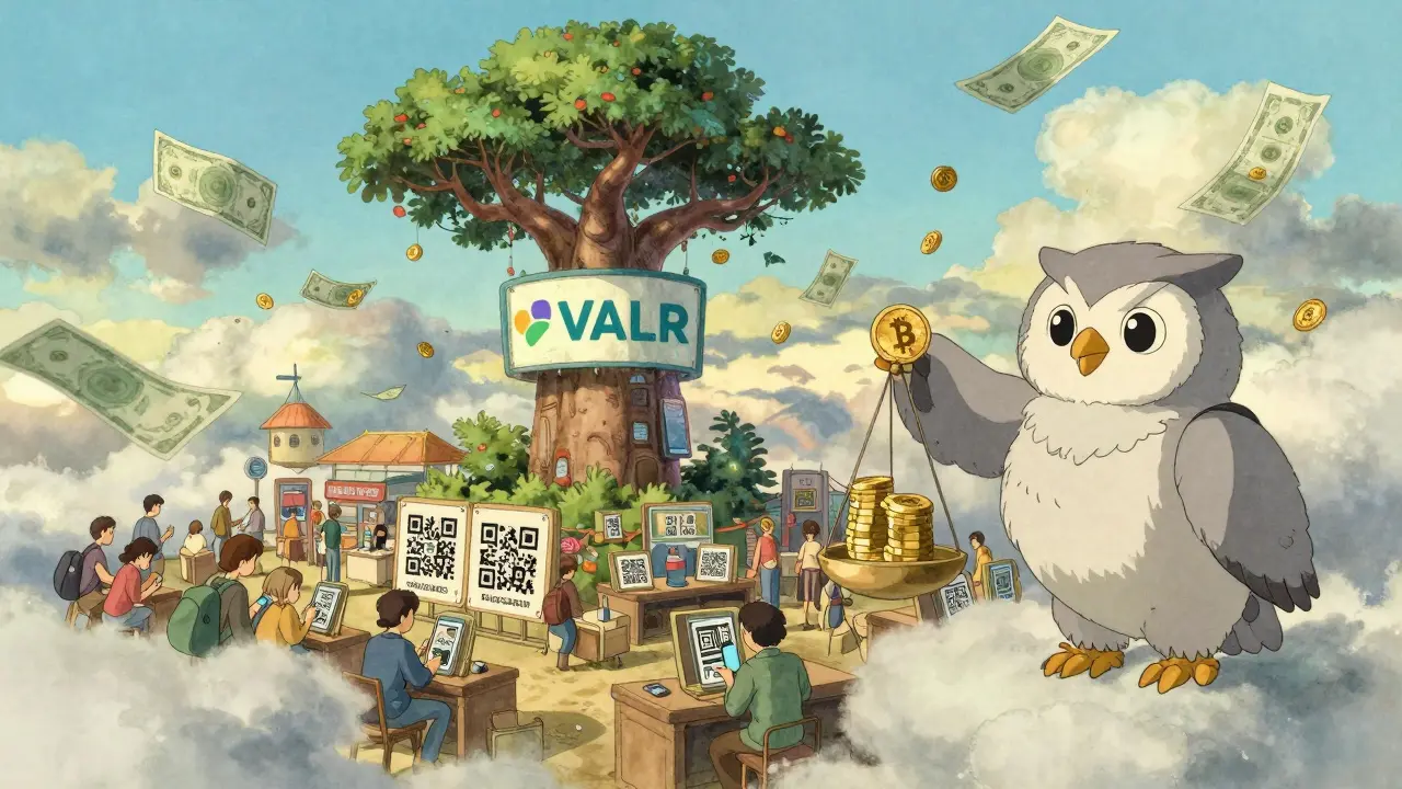A magical digital marketplace under a baobab-shaped VALR sign, with users trading via phone numbers in the clouds.