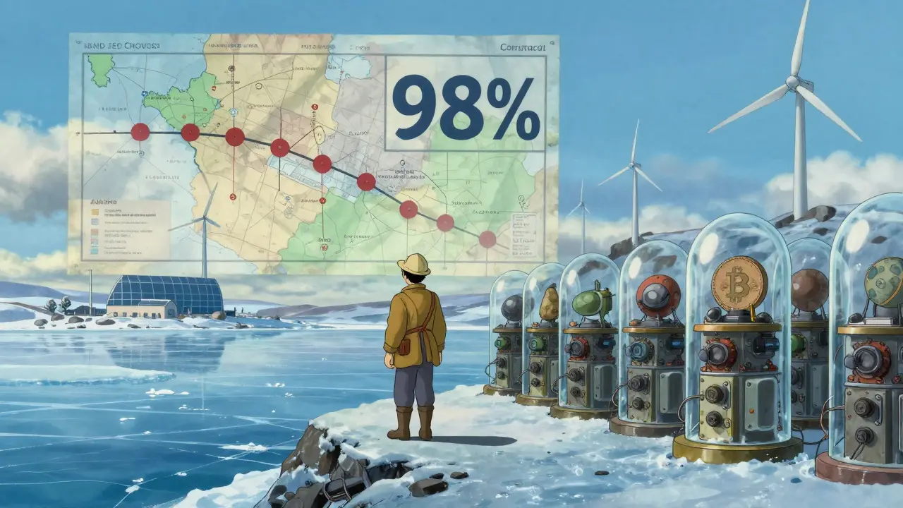 A miner looks at aging mining rigs as a map shows the power grid at maximum capacity, with new energy projects in the distance.
