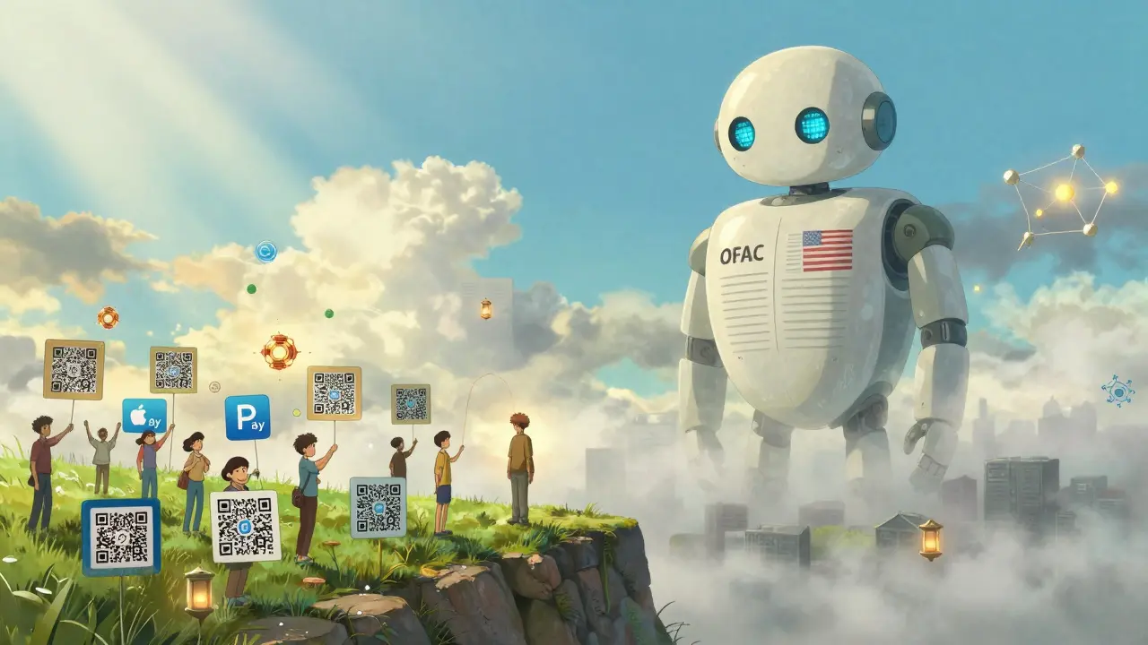 A person at the edge of a divided world — one side bright with banking, the other misty with peer-to-peer crypto trade, under a legal robot.