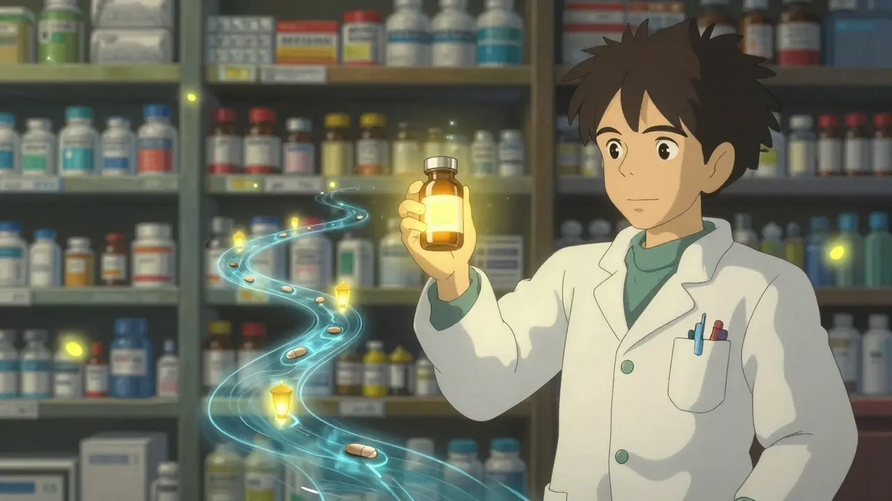 A pharmacist holding a medicine bottle with a glowing digital twin showing verified checkpoints along a light river.