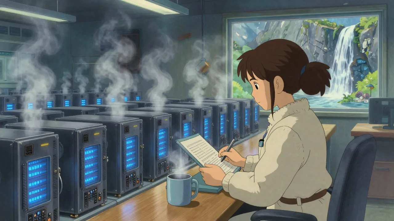 A professional mining facility with humming rigs and a calm engineer reviewing records by a window showing a waterfall.