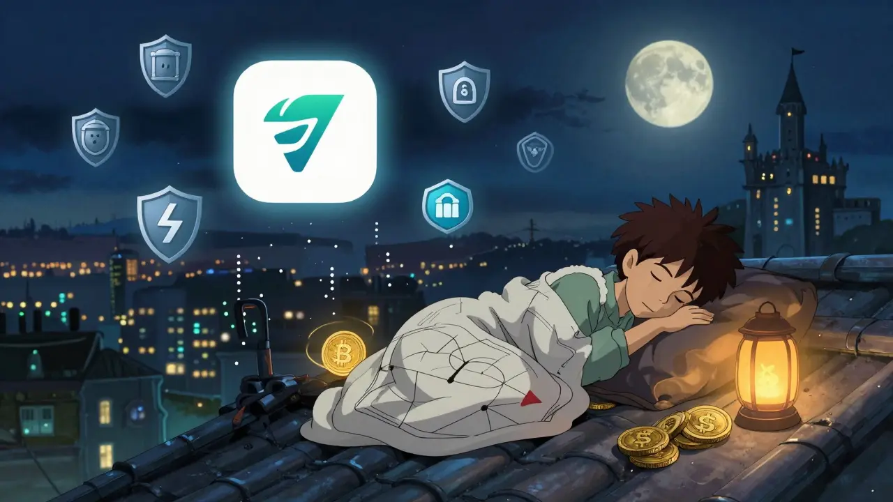 A sleeper on a rooftop is surrounded by glowing staking tokens and a floating VALR icon, as starlight-like rewards drift down under a moonlit sky.