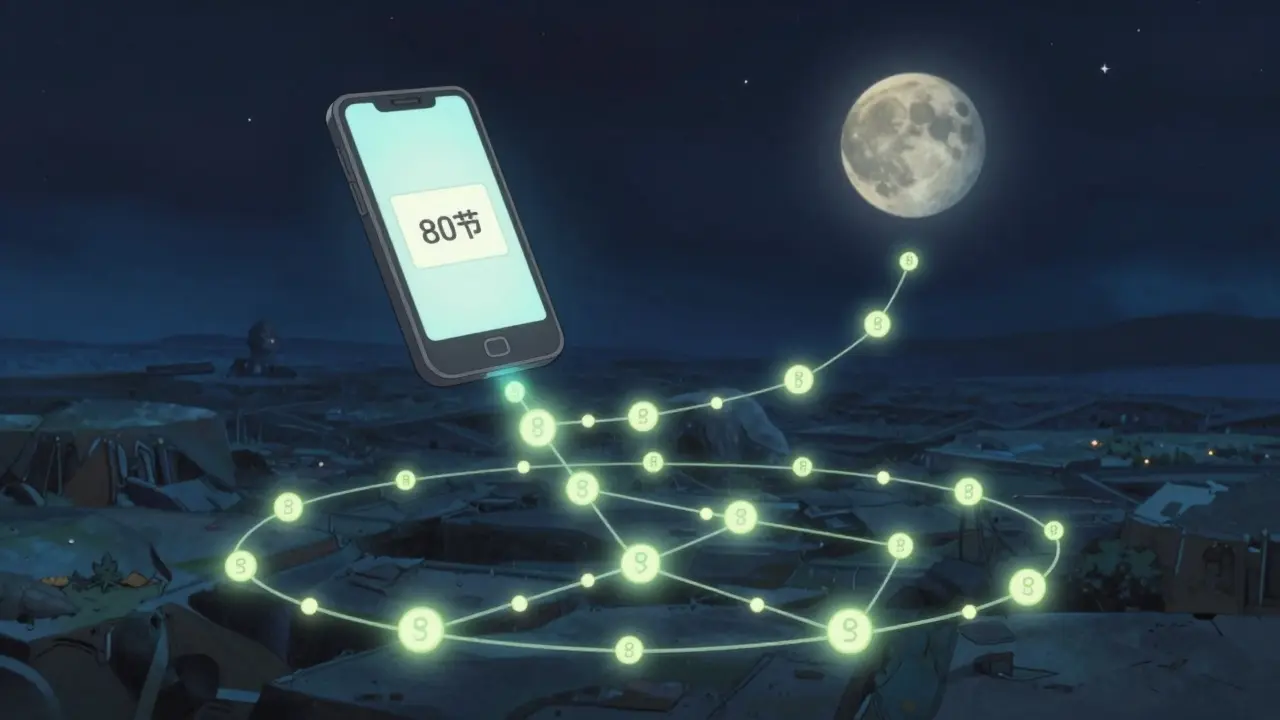 A smartphone connects to a distant Merkle root through a glowing path of hash proofs in a starry blockchain.