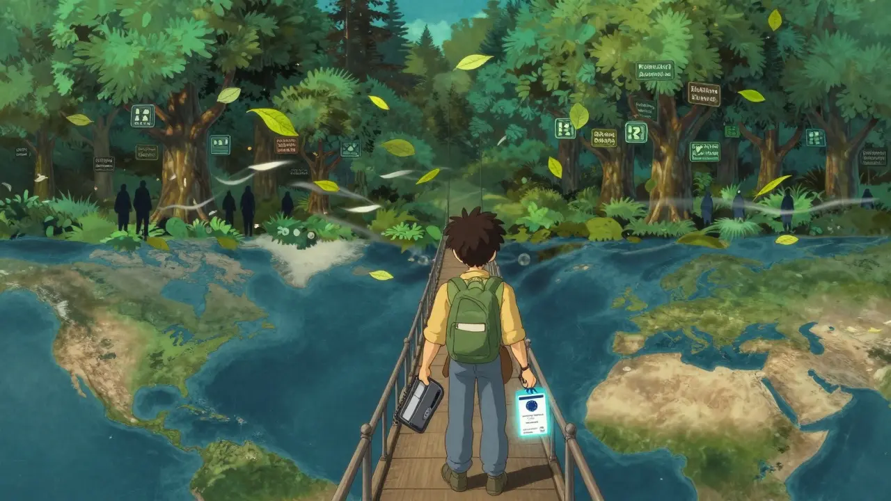 A traveler holds a hardware wallet and EU compliance badge on a bridge of blockchain trees, watching distant figures.