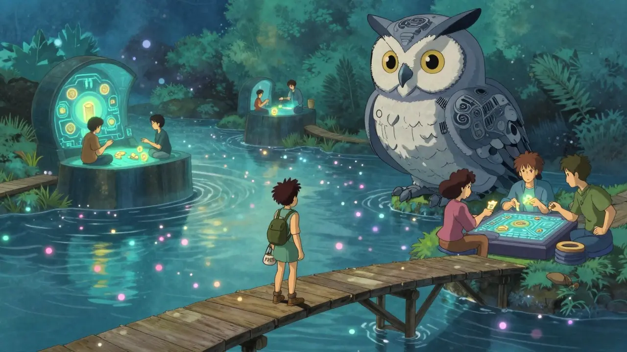 A traveler holds a PERRY pouch on a floating bridge above a radiant river, watched over by a mechanical owl.