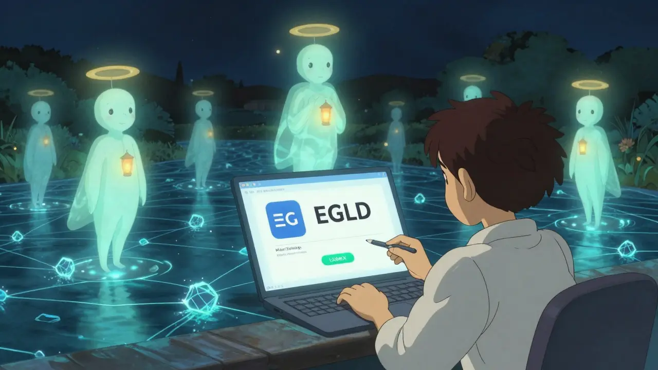 A user staking tokens beside floating validator spirits rotating above a shimmering blockchain river at night.