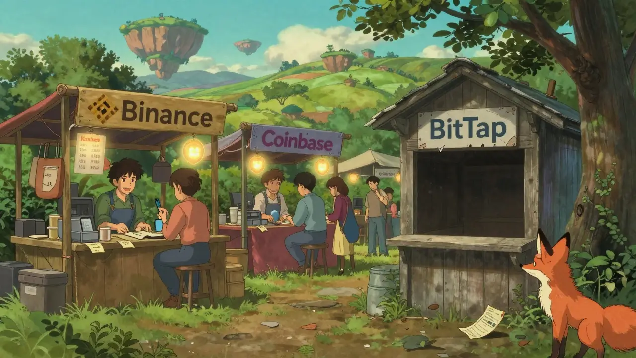 A vibrant marketplace with trusted exchanges glowing with transparency, while BitTap's booth is dusty and empty, watched by a curious fox.